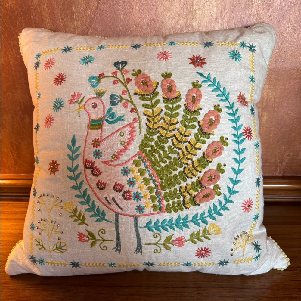 Embroidered Long Tail Bird Decorative Pillow Atira Designs 20x20” New-Gorgeous!